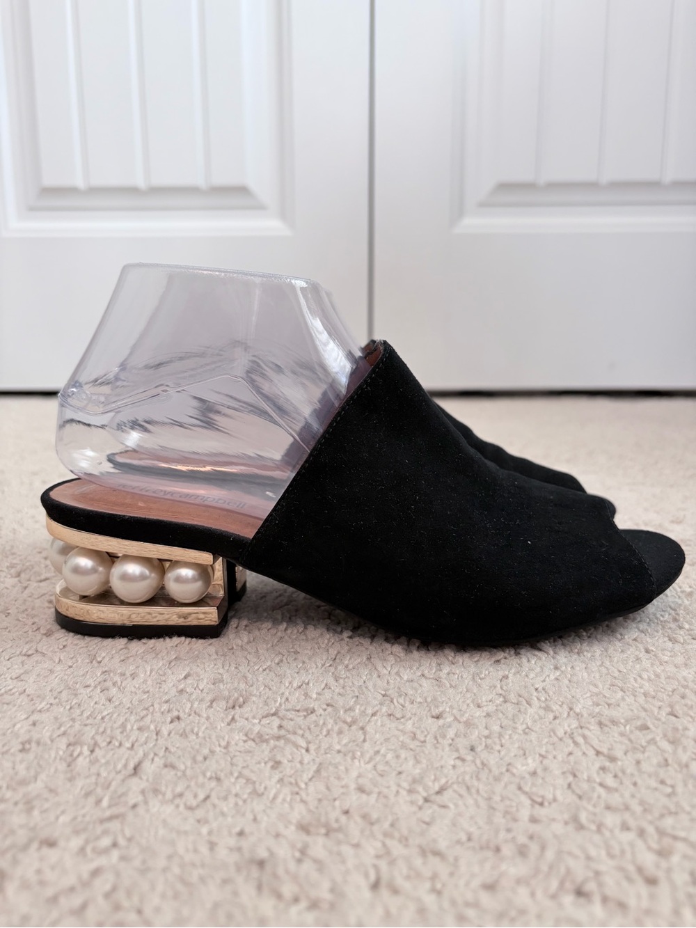 Jeffrey Campbell Arcita Black Suede Pearl Heel Mule Slide Peep Toe Sandal Sz 8